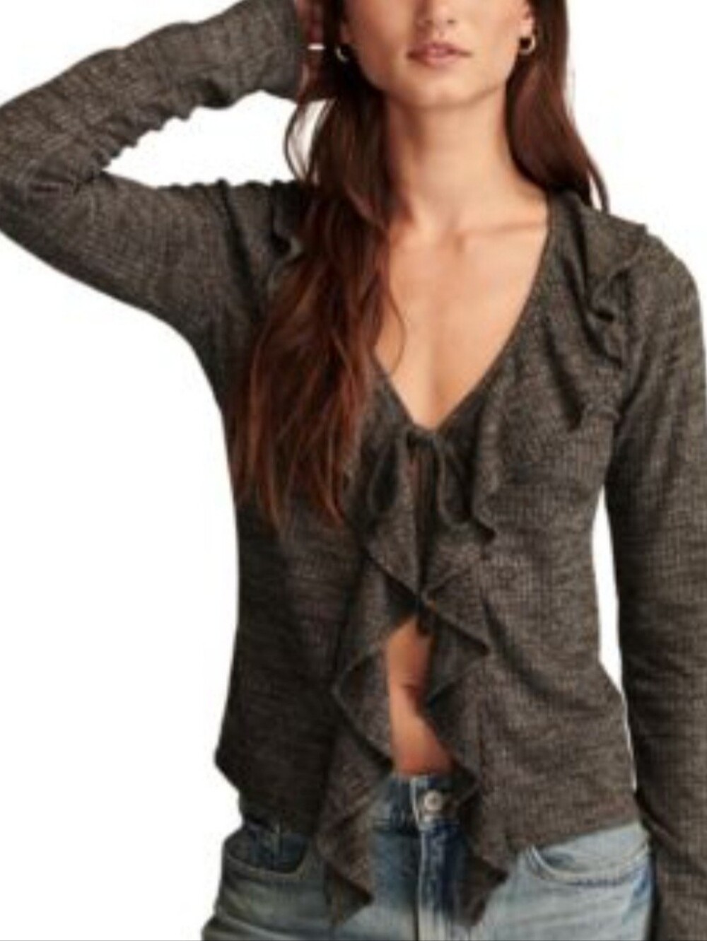 Lucky Brand Gray Ruffle Cloud Soft Tie Front Top
